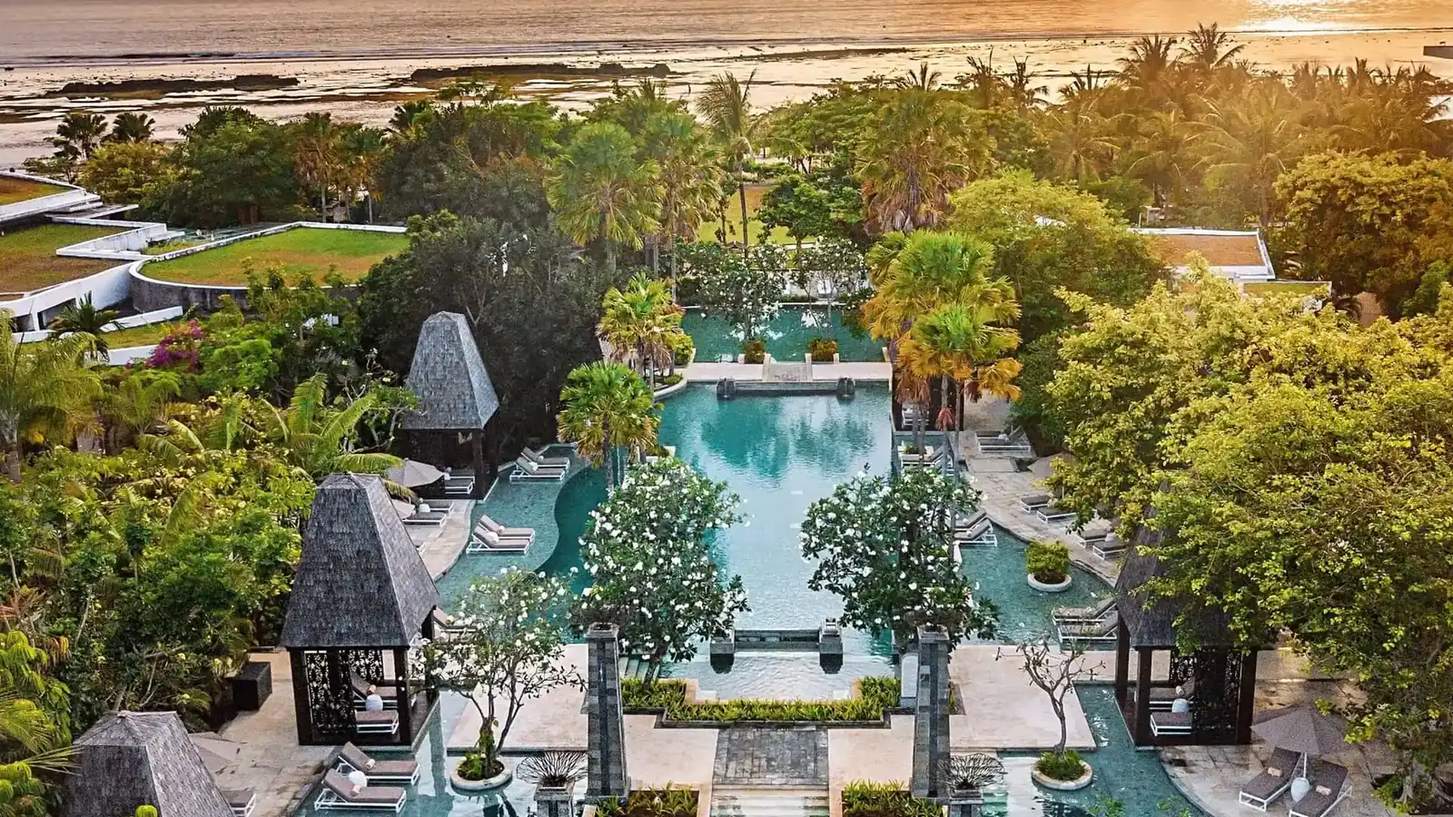 Beachfront lagoon pools from above, Bali